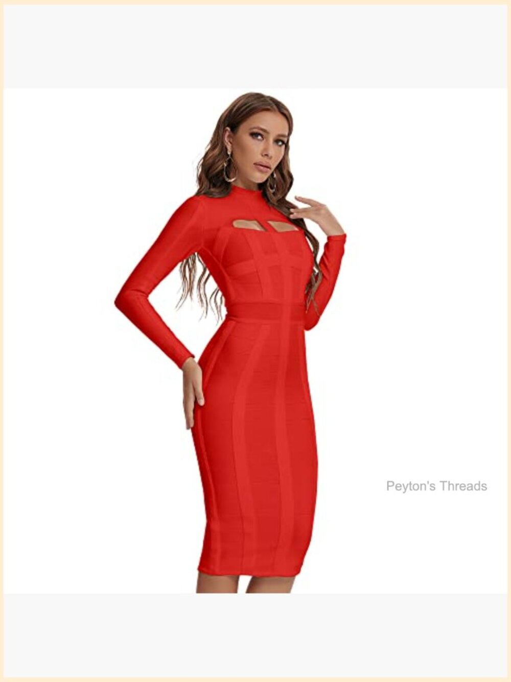 High Neck Long Sleeve Hollow Out Bandage Dress Bodycon Midi - Picture 2 of 4